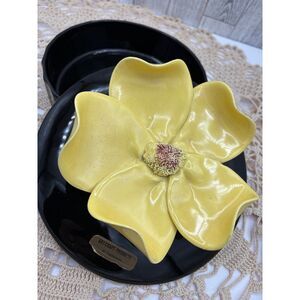 60s Ceramic Lidded Dish Yellow Flower Black Art-Craft California MCM Decor Box